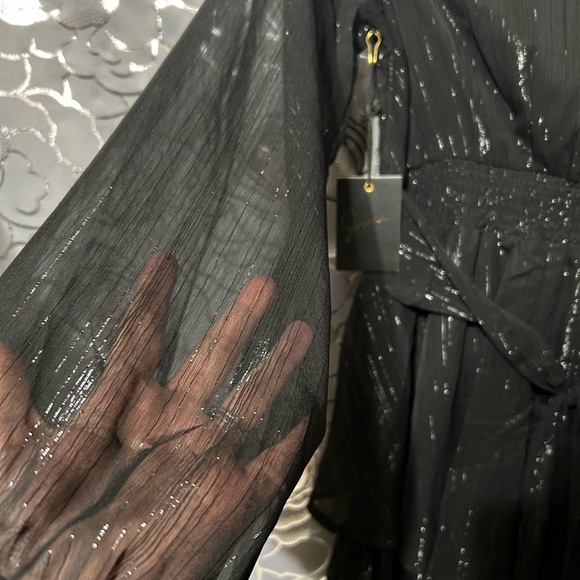 Little Black Dress with Metallic Threads Sheer Sleeves and ruffles - Picture 4 of 4